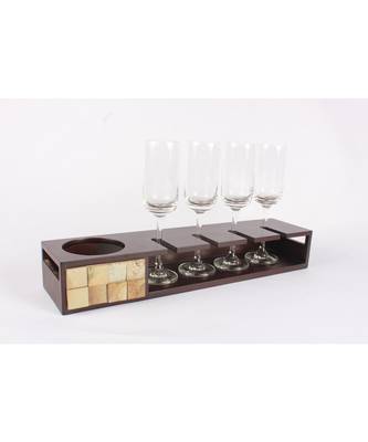 Champagne Tray With 4 Glasses In Mango Wood 2