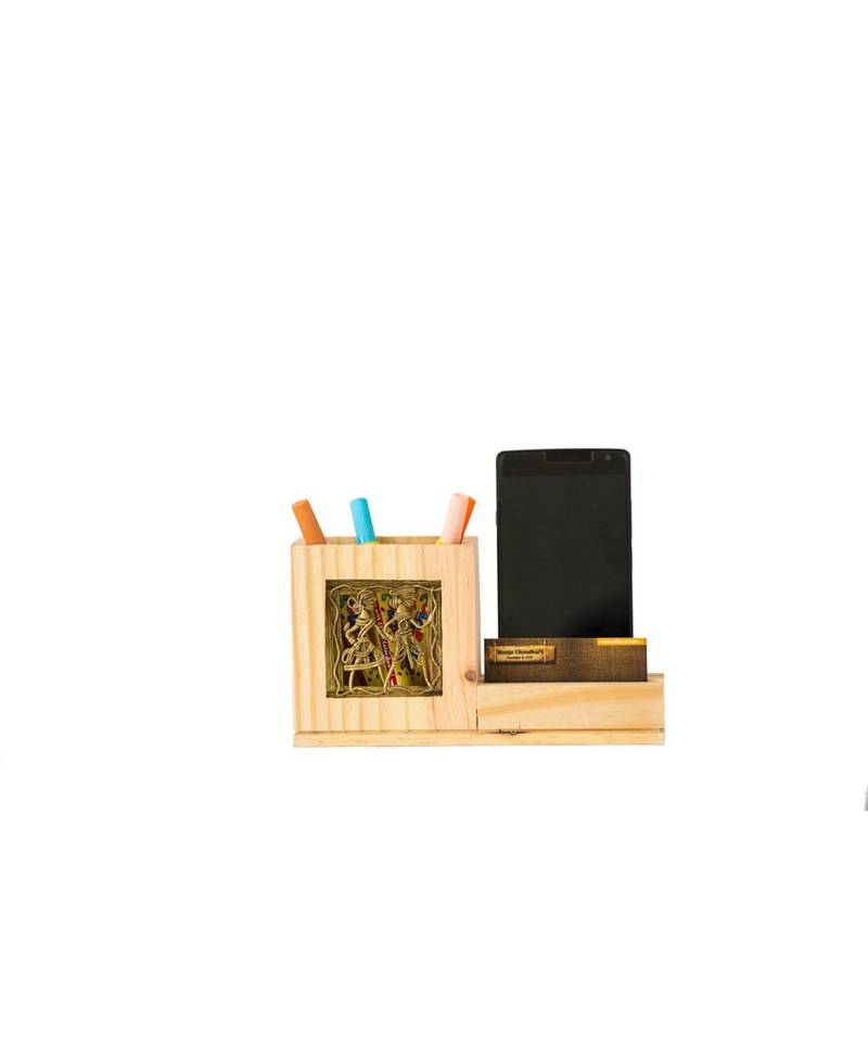 Pine Wood Pen Stand With Card & Mobile Holder