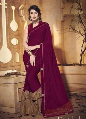   dark magenta embroidered lycra saree with blouse 1