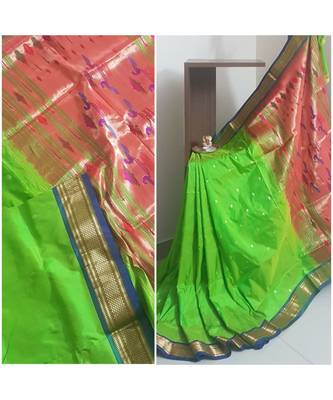 Parrot green handloom pure silk traditional paithani saree with blouse 1