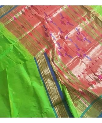 Parrot green handloom pure silk traditional paithani saree with blouse 2