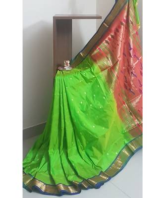 Parrot green handloom pure silk traditional paithani saree with blouse 3