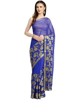 Blue Woven faux chiffon saree with blouse 1