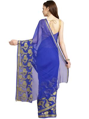 Blue Woven faux chiffon saree with blouse 2
