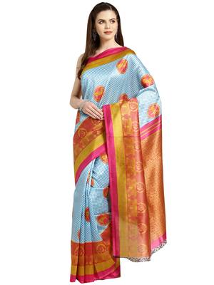 Blue Printed art silk saree with blouse 1