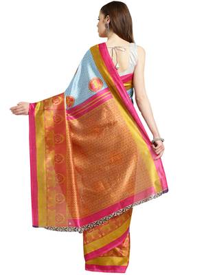Blue Printed art silk saree with blouse 2