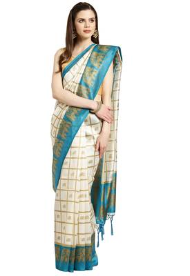 Cream Printed art silk saree with blouse 1