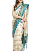 Cream Printed art silk saree with blouse