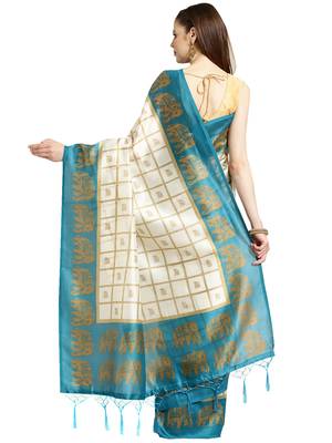 Cream Printed art silk saree with blouse 2