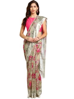 Grey Printed cotton poly saree with blouse 1