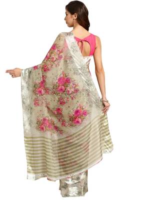 Grey Printed cotton poly saree with blouse 2
