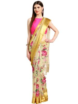 Beige Printed cotton poly saree with blouse 1