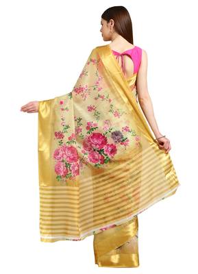 Beige Printed cotton poly saree with blouse 2
