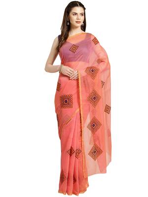 Peach Embroidered cotton poly saree with blouse 1