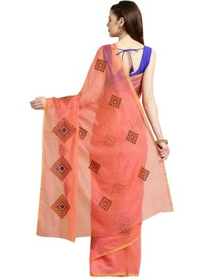 Peach Embroidered cotton poly saree with blouse 2
