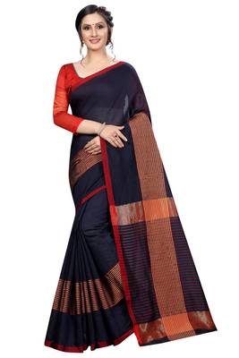 Navy blue plain cotton saree with blouse 1