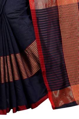 Navy blue plain cotton saree with blouse 2