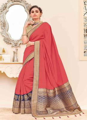   dark peach woven silk blend saree with blouse 1