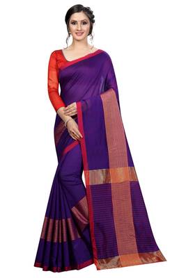 Purple plain cotton saree with blouse 1