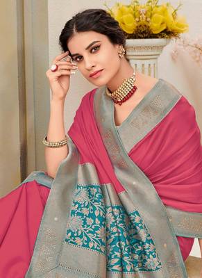 Pink woven silk blend saree with blouse 2