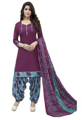 Purple printed Cotton unstitched salwar with dupatta 1