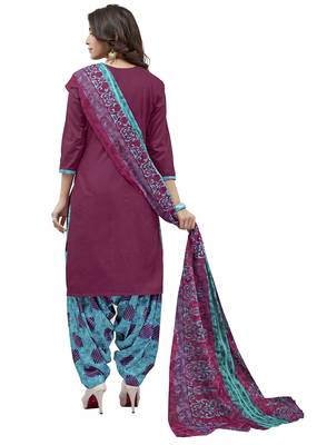 Purple printed Cotton unstitched salwar with dupatta 2