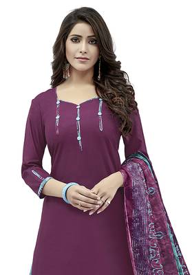Purple printed Cotton unstitched salwar with dupatta 3
