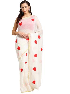 White Embroidered poly silk saree with blouse 1