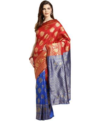 Red Woven poly silk saree with blouse 1