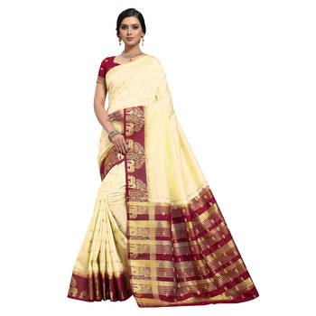 Cream hand woven art silk sarees saree with blouse 1