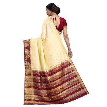 Cream hand woven art silk sarees saree with blouse 2