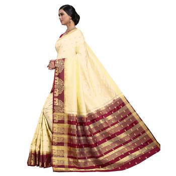 Cream hand woven art silk sarees saree with blouse 3