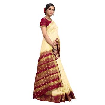 Cream hand woven art silk sarees saree with blouse 4
