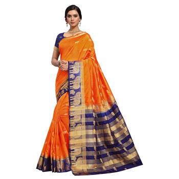 Orange hand woven art silk sarees saree with blouse 1