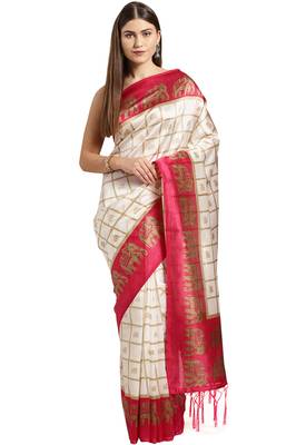 White printed art_silk saree with blouse 1
