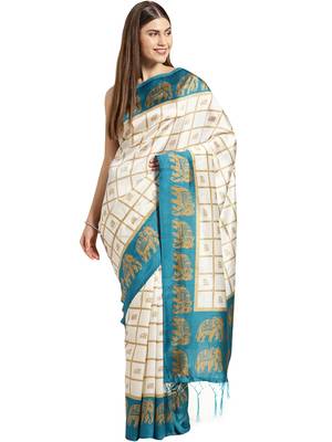 White printed art_silk saree with blouse 1