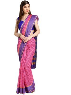 Pink Woven cotton poly saree with blouse 1