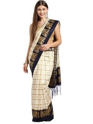 White printed art_silk saree with blouse 1