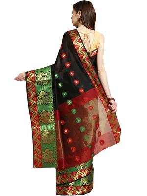 Black Woven poly silk saree with blouse 2
