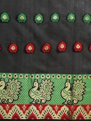 Black Woven poly silk saree with blouse 4