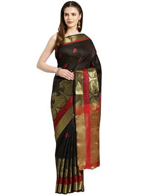 Black Woven poly silk saree with blouse 1