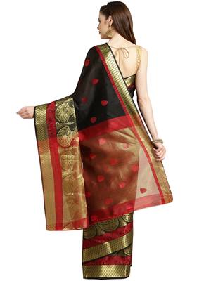 Black Woven poly silk saree with blouse 2