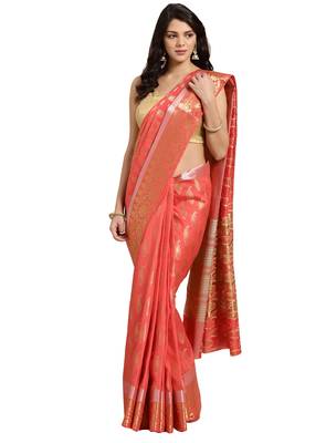 Peach woven art silk saree with blouse 1