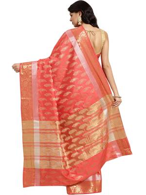 Peach woven art silk saree with blouse 2