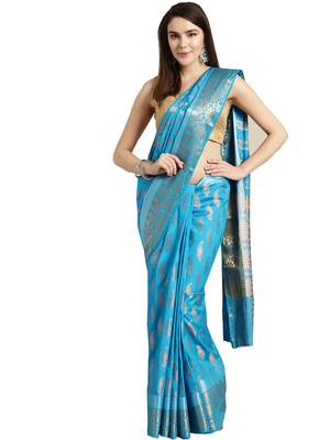 Blue woven art silk saree with blouse 1