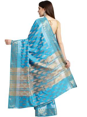 Blue woven art silk saree with blouse 2