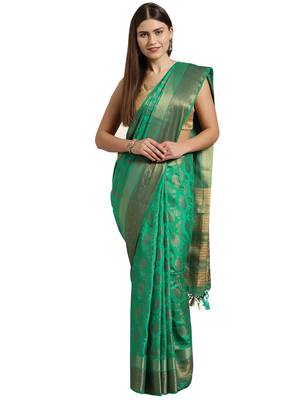 Green woven art silk saree with blouse 1