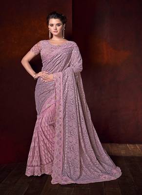 Pink embroidered net saree with blouse 1