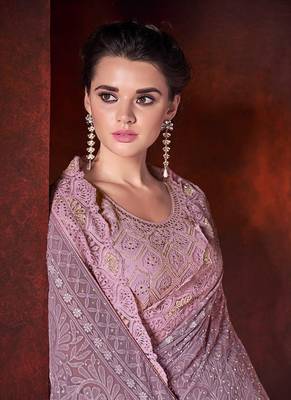 Pink embroidered net saree with blouse 2