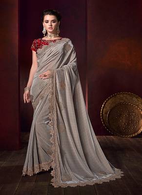 Grey embroidered fancy fabric saree with blouse 1